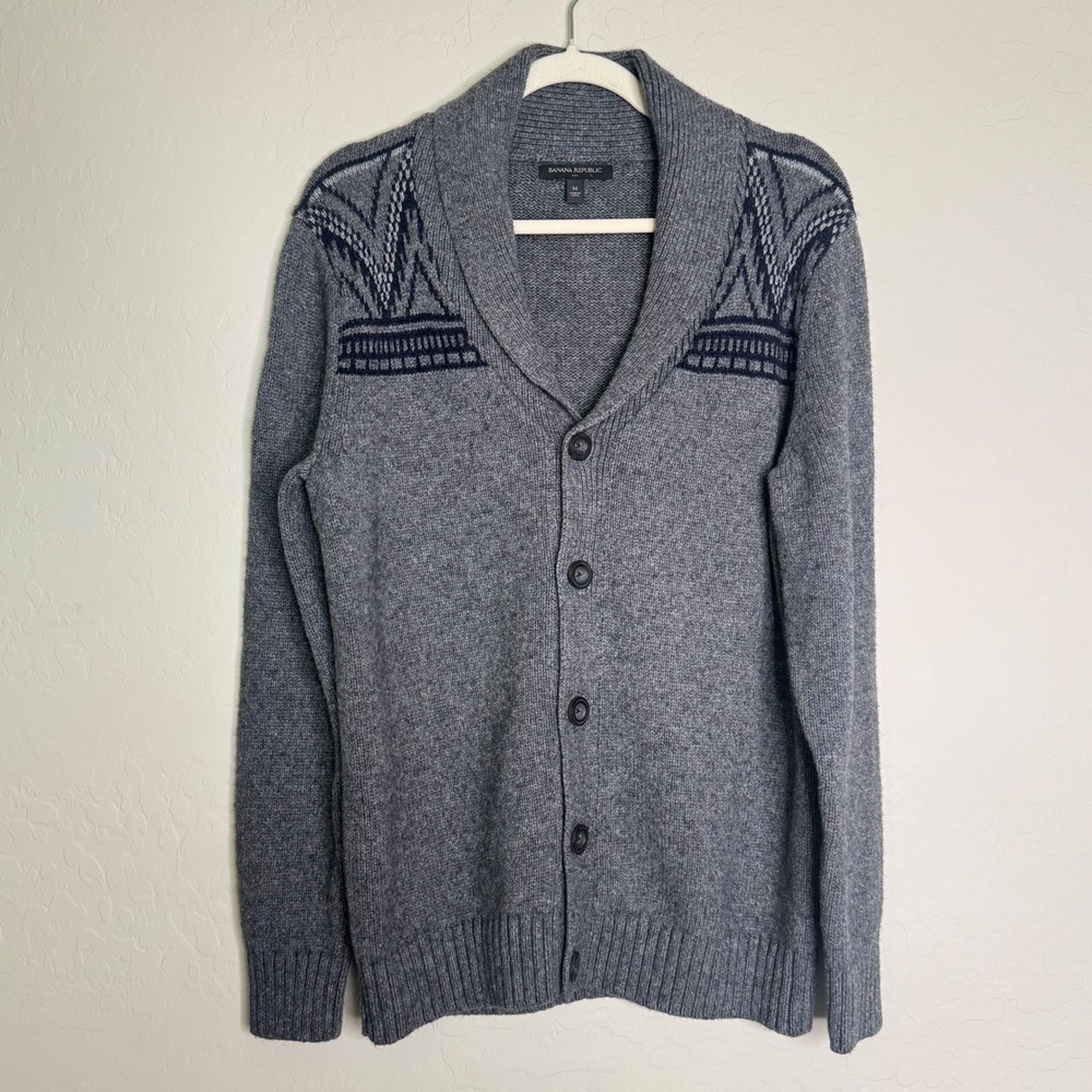 Banana Republic Mens Cotton Blend Cardigan M Grey Shawl Collar Preppy Academia